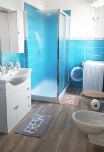 ein Bad mit einem WC, einem Waschbecken und einer Dusche in der Unterkunft Casa di Indiana in Baratili San Pietro