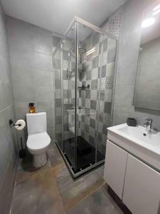 塞圖巴爾的住宿－Tigisaca House，带淋浴、卫生间和盥洗盆的浴室