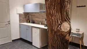 a kitchen with a tree in the middle of it at tree house eilat in Eilat