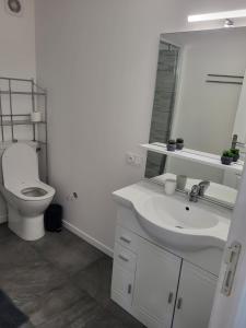 La salle de bains blanche est pourvue de toilettes et d'un lavabo. dans l'établissement PaulAngela, à Avignon