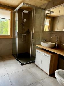 a bathroom with a glass shower and a sink at Sporthotel Oberwald in Oberwald