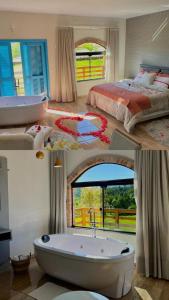 a collage of three pictures of a bedroom and a tub at Pousada Di Venezia - Hotel Fazenda in Nova Veneza