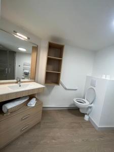 La salle de bains est pourvue de toilettes, d'un lavabo et d'un miroir. dans l'établissement Cosy Diem Quai Vallière, à Narbonne