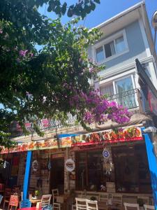 a building with a balcony with flowers on it at Ada Antik 2 in Adalar