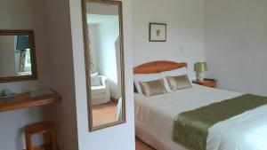 - une chambre avec un lit et un miroir dans l'établissement Yeats Lodge, à Drumcliff