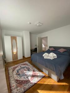 1 dormitorio con cama, espejo y alfombra en Little Paradise in the Center of Baden near Vienna, en Baden