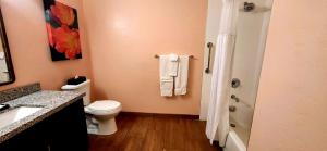 a bathroom with a toilet and a shower with towels at WorldMark Rancho Vistoso in Oro Valley