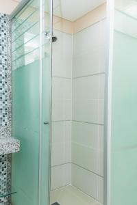 a shower with glass doors in a bathroom at Awa Resort Hotel in Encarnación