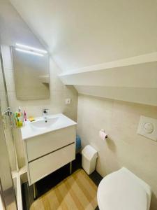 uma pequena casa de banho com lavatório e WC em Cottage Malenkiy ( piscine chauffée 15/06-15/09 ) em Cabourg