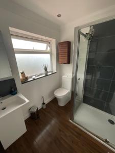 uma casa de banho com um chuveiro, um WC e uma janela. em Self contained guest Flat em Wick