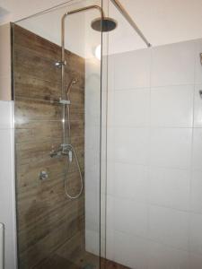a shower in a bathroom with a wooden wall at OBALA apartman in Subotica