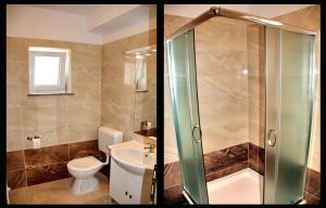 two pictures of a bathroom with a toilet and a shower at Apartments Antonio in Senj +33 photos