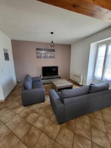 uma sala de estar com dois sofás e uma televisão em La maison bleu em Bazolles
