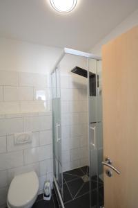 a bathroom with a toilet and a glass shower at Gästehaus COCO in Krems an der Donau