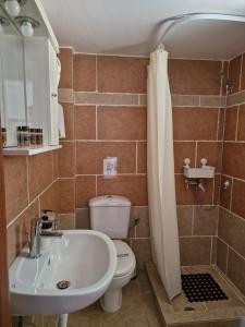 łazienka z umywalką, toaletą i prysznicem w obiekcie Stella's Houses w mieście Agía Pelagía Kithira