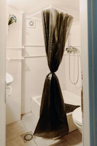 a bathroom with a shower curtain and a toilet at Holiday home Nanin konak 2 in Vrdnik