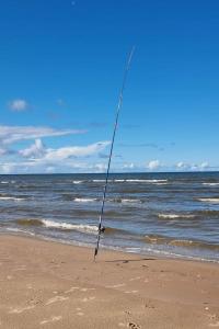 a fishing rod sitting on a beach with the ocean at Seaside holiday home Vecvalki in Saunags