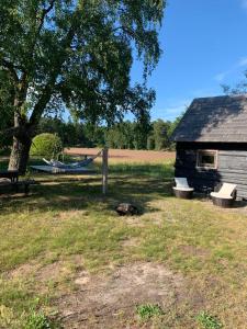 ein Haus mit zwei Bänken und einem Baum und einem Boot in der Unterkunft Seaside holiday home Vecvalki in Saunags