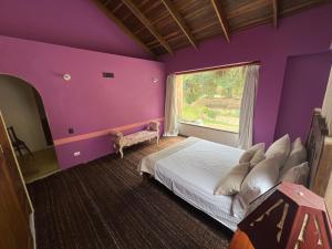 um quarto com paredes roxas e uma cama com uma janela em Hotel Monteluna em Bogotá