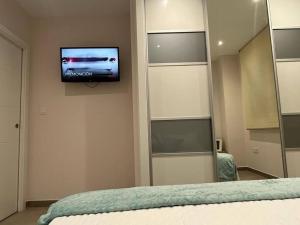 a bedroom with a tv on the wall and a bed at APARTAMENTOS CAMINO A RIBEIRA in Quiroga