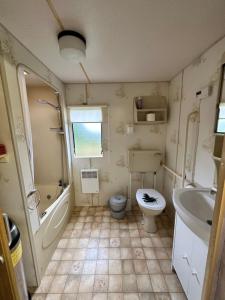 ein Badezimmer mit einem WC, einer Badewanne und einem Waschbecken in der Unterkunft Domek za świerkami in Charzykowy