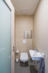 een badkamer met een wit toilet en een wastafel bij Római Ház 1. Emma Apartman in Siófok