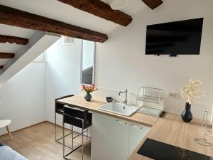 - une cuisine avec un évier et un comptoir dans l'établissement Romeo apartments Rovigno, à Rovinj
