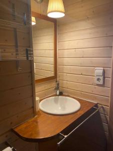 a bathroom with a sink in a wooden room at Location appartement in Sainte-Léocadie