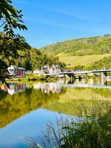 Blick auf einen Fluss mit Häusern und einer Brücke in der Unterkunft Grünberg House in Traben-Trarbach