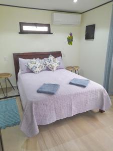 1 dormitorio con 1 cama con mantas y almohadas moradas en Lakeview Arenal 1 Bed Suite, Communal Pool & Gym - 2024 Traveller Awards Winner en Tronadora