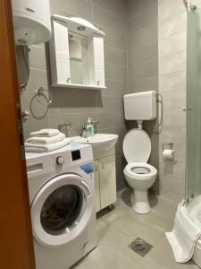 ein Badezimmer mit einer Waschmaschine und einem WC in der Unterkunft Lavanda san - Vrnjačka Banja in Vrnjačka Banja