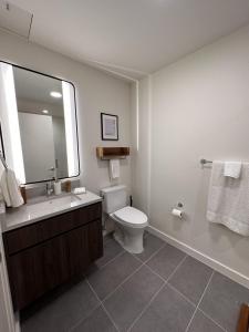La salle de bains est pourvue de toilettes, d'un lavabo et d'un miroir. dans l'établissement Flexhome River West Studio N1 with Gym and Rooftop - READ INFO, à Chicago