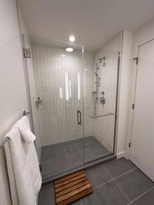La salle de bains est pourvue d'une douche avec une porte en verre. dans l'établissement Flexhome River West Studio N1 with Gym and Rooftop - READ INFO, à Chicago