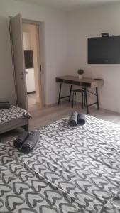 a room with a bed and a table with a television at Apartmaja Eva&Pia in Koper