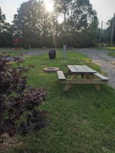 a picnic table in the grass next to a field at Chigger Hill RV Park in Hatfield