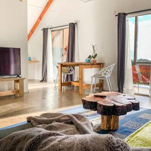 a living room with a couch and a table and a tv at VILLA HOMITI in Hanga Roa