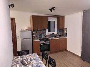 a kitchen with wooden cabinets and a table with chairs at Sergi Home in Raches +15 photos