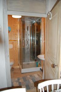 a bathroom with a shower and a toilet and a sink at Gite Juste Confortable in Fleurey-lès-Lavoncourt