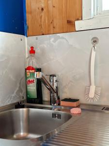 um lavatório de cozinha com uma garrafa de detergente e uma escova em Løken Camping - trivelig og idyllisk ved vannet em Olden