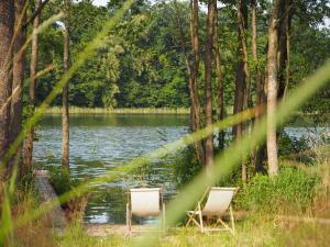 two chairs sitting on the shore of a lake at Beniaskie! Agroturystyka nad Jeziorem in Miłakowo