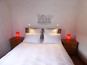 1 dormitorio con 1 cama blanca grande y 2 lámparas en Casa das Flores, en Bordeira