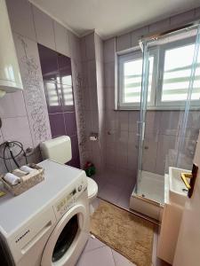 a pink bathroom with a washing machine in it at Apartman Krasota in Banja Luka