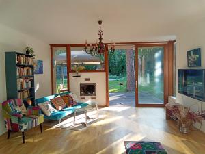 Laid Back Villa في بودابست: غرفة معيشة مع أريكة ومدفأة