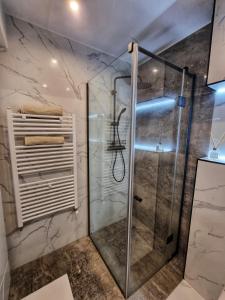 eine Dusche mit Glastür im Bad in der Unterkunft Eclipsei ApartHotel in Popeşti-Leordeni