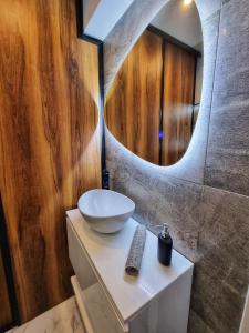 ein Bad mit einem Waschbecken und einem Spiegel in der Unterkunft Eclipsei ApartHotel in Popeşti-Leordeni