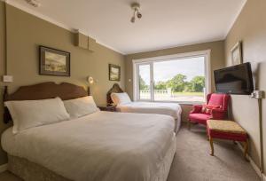 a bedroom with two beds and a tv and a window at Lios Na Manach ECO B&B in Killarney