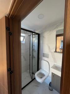 a bathroom with a toilet and a shower and a sink at Royalova Hotel in Yalova