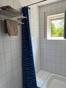 a bathroom with a blue shower curtain and a tub at Apartment Nr. 5 am Stuttgarter Flughafen/Messe in Leinfelden-Echterdingen