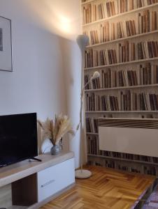 Zimmer mit einem Schreibtisch, einem TV und Bücherregalen in der Unterkunft Apartman (stan na dan) M&M Prijedor in Prijedor