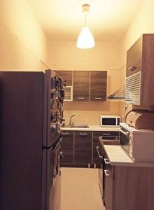 a kitchen with a black refrigerator and a microwave at Steps to the Acropolis, museum view and balcony in Athens